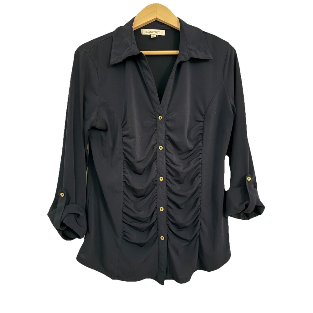 Ellen Tracy Professional Blouse Dark Blue Career Elegant Chic Stretchy Gold‎